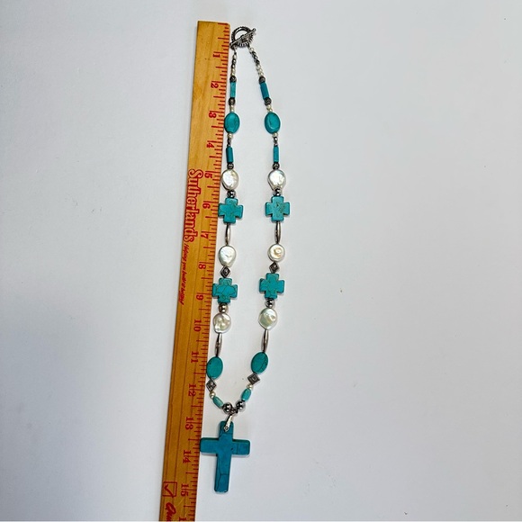 Turquoise Cross Statement Necklace Pearl & Faux Pearl Beaded Artisan Made - Picture 13 of 14